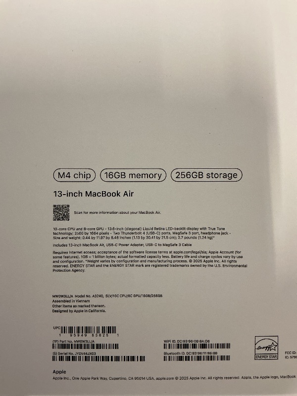 Photo 1 of Apple 2025 MacBook Air 13-inch Laptop with M4 chip: Built for Apple Intelligence, 13.6-inch Liquid Retina Display, 16GB Unified Memory, 256GB SSD Storage, 12MP Center Stage Camera, Touch ID; Silver