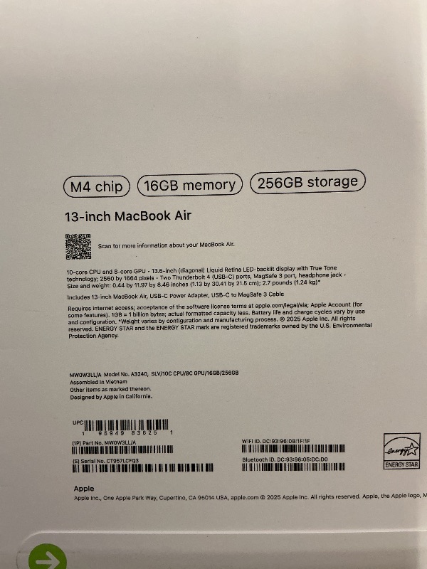 Photo 1 of Apple 2025 MacBook Air 13-inch Laptop with M4 chip: Built for Apple Intelligence, 13.6-inch Liquid Retina Display, 16GB Unified Memory, 256GB SSD Storage, 12MP Center Stage Camera, Touch ID; Silver