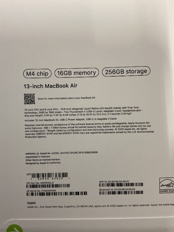 Photo 1 of Apple 2025 MacBook Air 13-inch Laptop with M4 chip: Built for Apple Intelligence, 13.6-inch Liquid Retina Display, 16GB Unified Memory, 256GB SSD Storage, 12MP Center Stage Camera, Touch ID; Silver