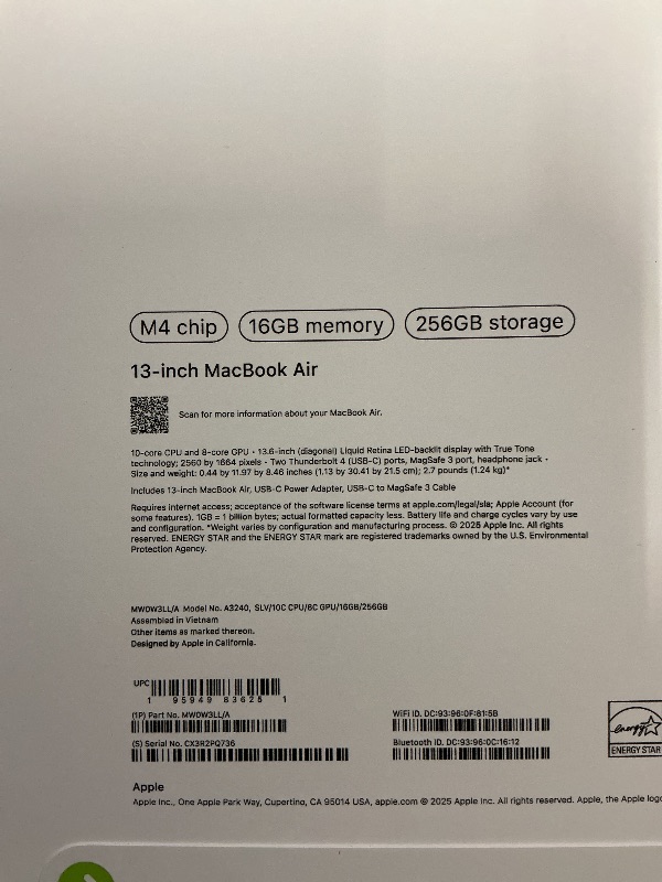 Photo 1 of —-FACTORY SEALED— Apple 2025 MacBook Air 13-inch Laptop with M4 chip: Built for Apple Intelligence, 13.6-inch Liquid Retina Display, 16GB Unified Memory, 256GB SSD Storage, 12MP Center Stage Camera, Touch ID; Silver