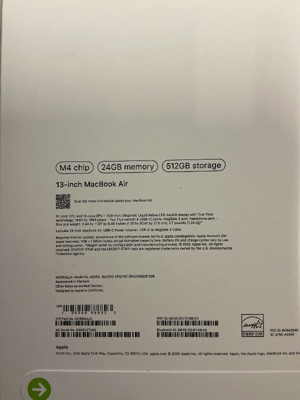 Photo 1 of Apple 2025 MacBook Air 13-inch Laptop with M4 chip: Built for Apple Intelligence, 13.6-inch Liquid Retina Display, 24GB Unified Memory, 512GB SSD Storage, 12MP Center Stage Camera, Touch ID; Silver