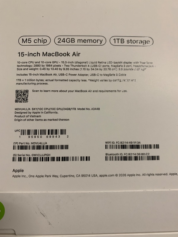Photo 1 of Apple 2026 MacBook Air 15-inch Laptop with M5 chip: Built for AI, 15.3-inch Liquid Retina Display, 24GB Unified Memory, 1TB SSD, 12MP Center Stage Camera, Touch ID, Wi-Fi 7; Sky Blue