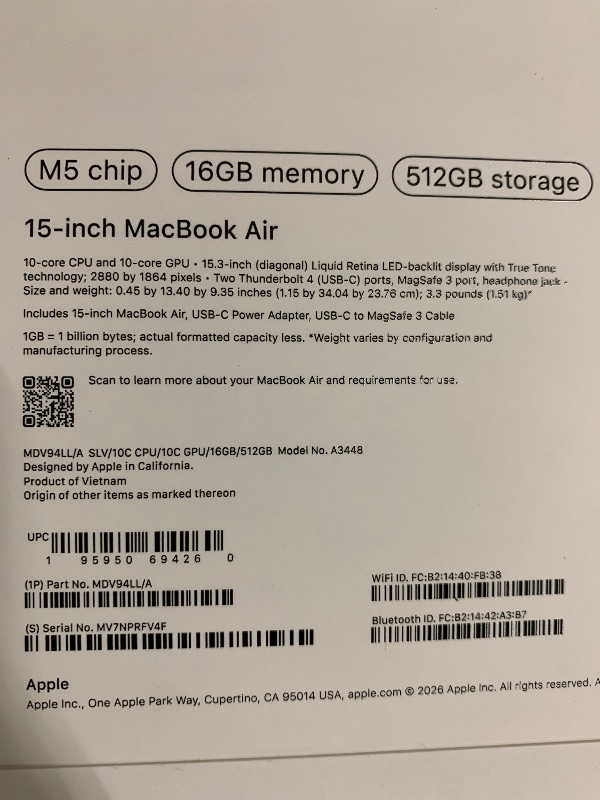 Photo 1 of Apple 2026 MacBook Air 15-inch Laptop with M5 chip: Built for AI, 15.3-inch Liquid Retina Display, 16GB Unified Memory, 512GB SSD, 12MP Center Stage Camera, Touch ID, Wi-Fi 7; Silver