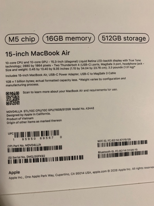 Photo 1 of Apple 2026 MacBook Air 15-inch Laptop with M5 chip: Built for AI, 15.3-inch Liquid Retina Display, 16GB Unified Memory, 512GB SSD, 12MP Center Stage Camera, Touch ID, Wi-Fi 7; Starlight