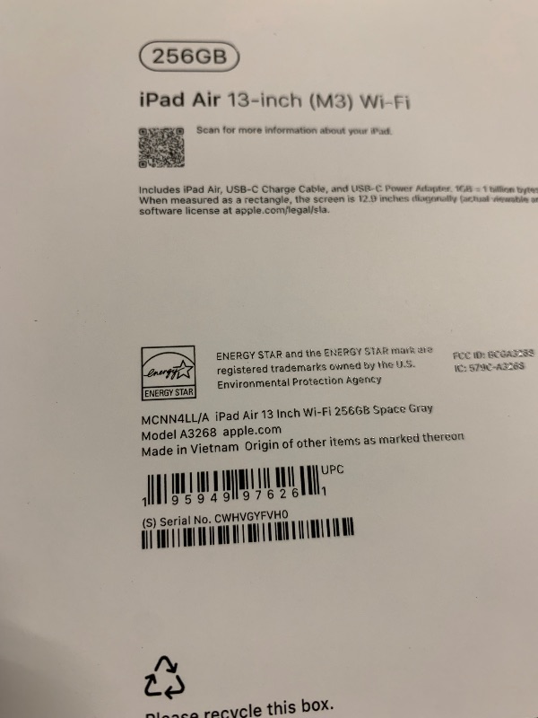 Photo 1 of Apple iPad Air 13-inch with M3 chip Built for Apple Intelligence, Liquid Retina Display, 256GB, 12MP Front/Back Camera, Wi-Fi 6E, Touch ID, All-Day Battery Life — Space Gray