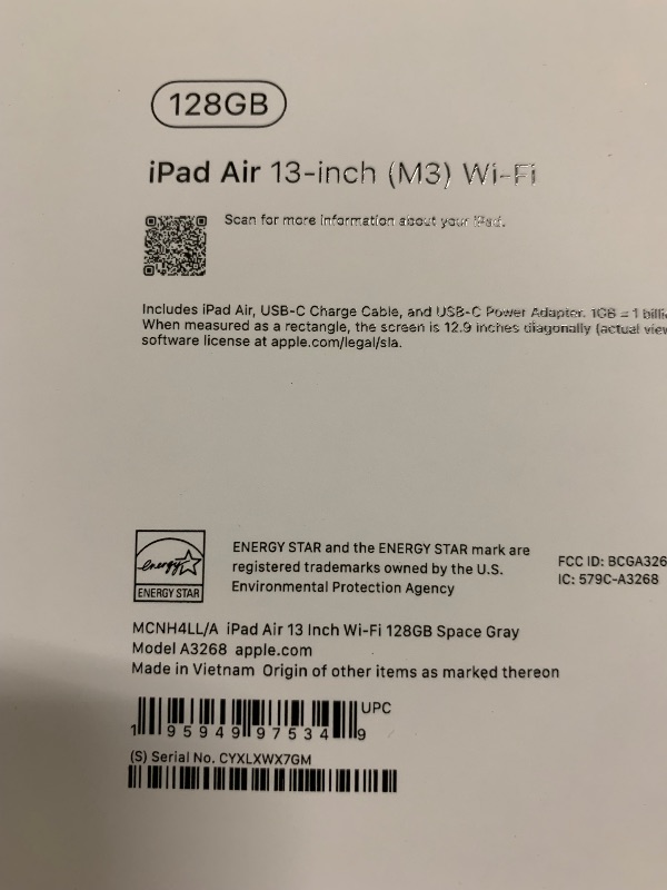 Photo 1 of Apple iPad Air 13-inch with M3 chip Built for Apple Intelligence, Liquid Retina Display, 128GB, 12MP Front/Back Camera, Wi-Fi 6E, Touch ID, All-Day Battery Life — Space Gray