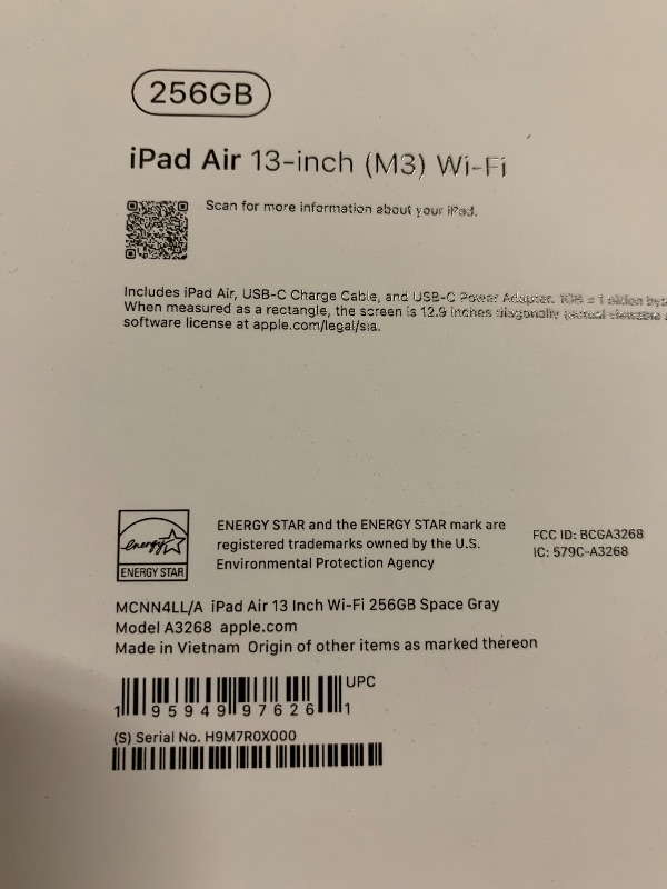 Photo 1 of Apple iPad Air 13-inch with M3 chip Built for Apple Intelligence, Liquid Retina Display, 256GB, 12MP Front/Back Camera, Wi-Fi 6E, Touch ID, All-Day Battery Life — Space Gray