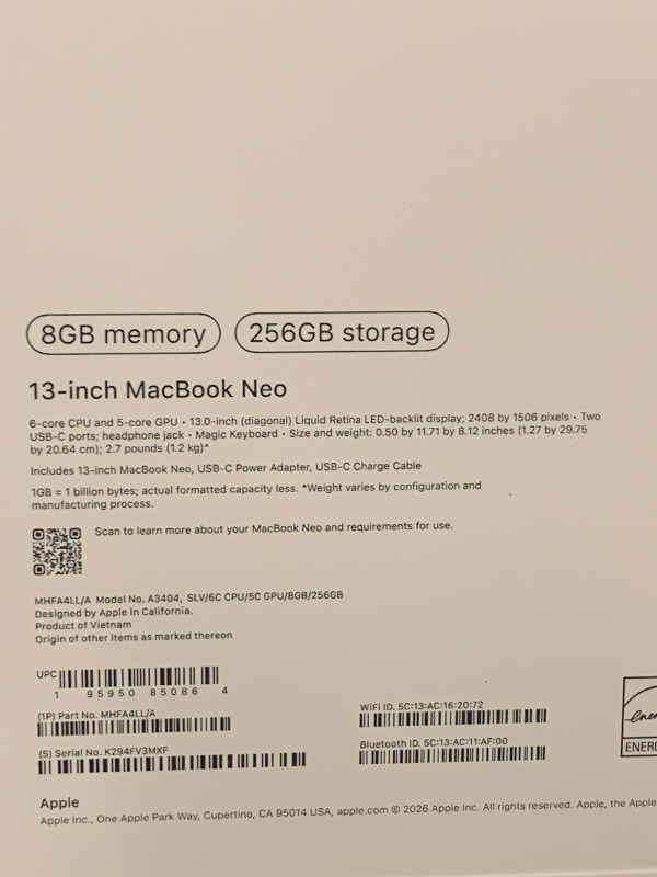 Photo 1 of Apple 2026 MacBook Neo 13-inch Laptop with A18 Pro chip: Built for AI and Apple Intelligence, Liquid Retina Display, 8GB Unified Memory, 256GB SSD Storage, 1080p FaceTime HD Camera; Silver