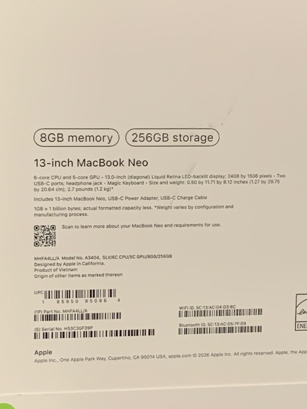 Photo 1 of Apple 2026 MacBook Neo 13-inch Laptop with A18 Pro chip: Built for AI and Apple Intelligence, Liquid Retina Display, 8GB Unified Memory, 256GB SSD Storage, 1080p FaceTime HD Camera; Silver