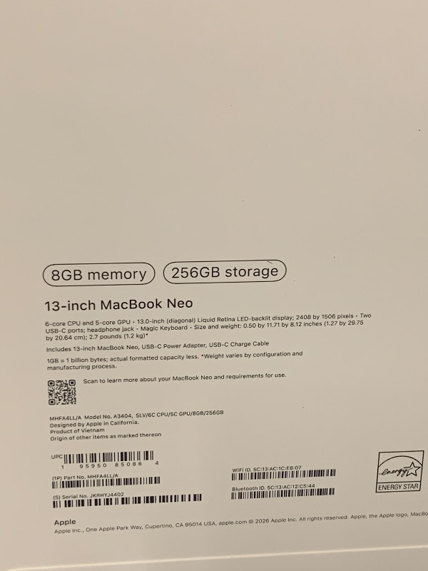 Photo 1 of Apple 2026 MacBook Neo 13-inch Laptop with A18 Pro chip: Built for AI and Apple Intelligence, Liquid Retina Display, 8GB Unified Memory, 256GB SSD Storage, 1080p FaceTime HD Camera; Silver