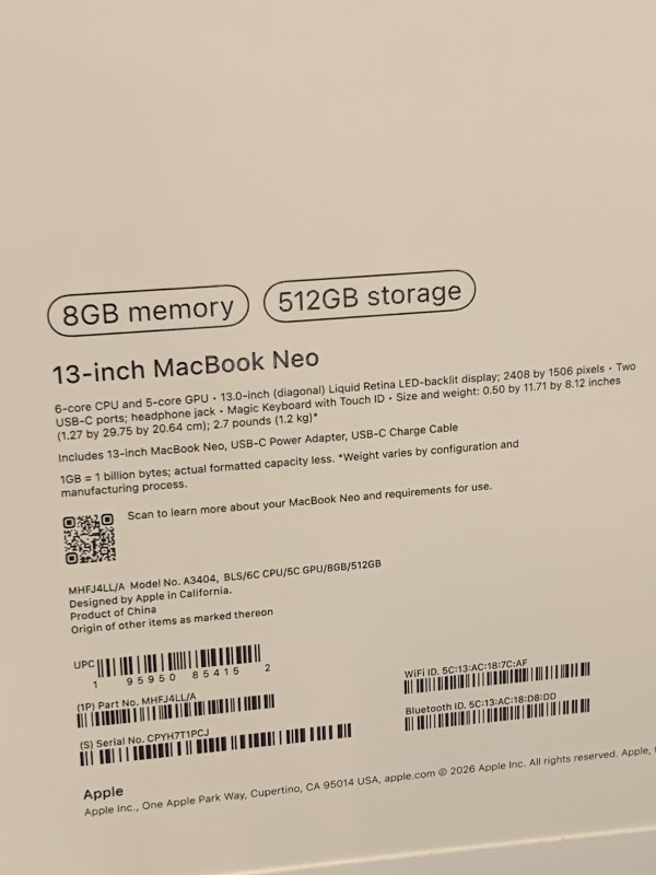 Photo 1 of Apple 2026 MacBook Neo 13-inch Laptop with A18 Pro chip: Built for AI and Apple Intelligence, Liquid Retina Display, 8GB Unified Memory, 512GB SSD Storage, 1080p FaceTime HD Camera, Touch ID; Blush