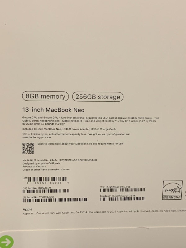 Photo 1 of Apple 2026 MacBook Neo 13-inch Laptop with A18 Pro chip: Built for AI and Apple Intelligence, Liquid Retina Display, 8GB Unified Memory, 256GB SSD Storage, 1080p FaceTime HD Camera; Silver