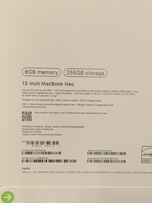 Photo 1 of Apple 2026 MacBook Neo 13-inch Laptop with A18 Pro chip: Built for AI and Apple Intelligence, Liquid Retina Display, 8GB Unified Memory, 256GB SSD Storage, 1080p FaceTime HD Camera; Indigo