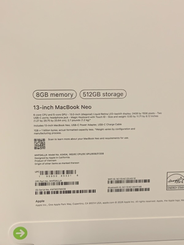 Photo 1 of Apple 2026 MacBook Neo 13-inch Laptop with A18 Pro chip: Built for AI and Apple Intelligence, Liquid Retina Display, 8GB Unified Memory, 512GB SSD Storage, 1080p FaceTime HD Camera, Touch ID; Indigo