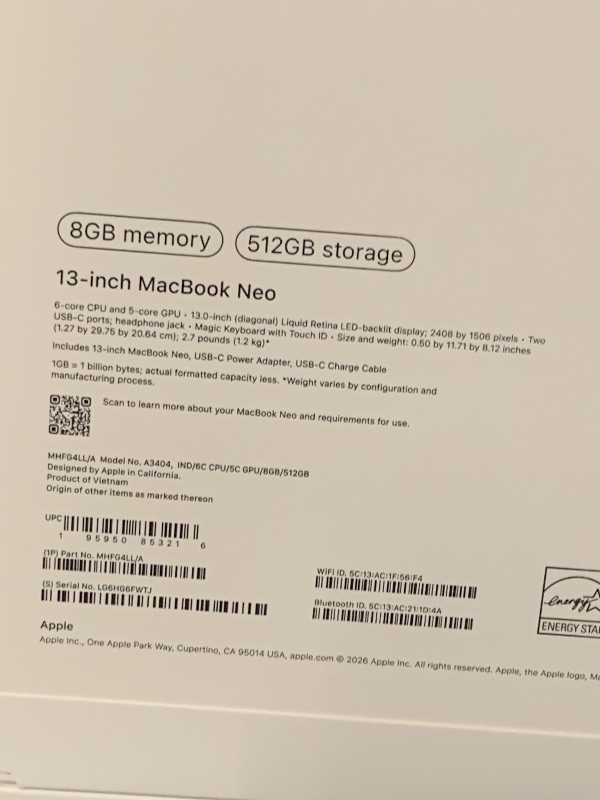 Photo 1 of Apple 2026 MacBook Neo 13-inch Laptop with A18 Pro chip: Built for AI and Apple Intelligence, Liquid Retina Display, 8GB Unified Memory, 512GB SSD Storage, 1080p FaceTime HD Camera, Touch ID; Indigo