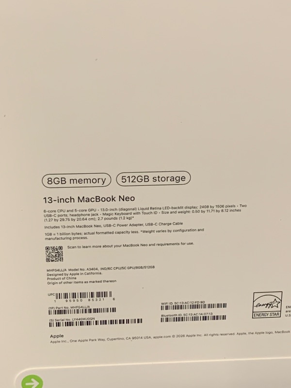 Photo 1 of Apple 2026 MacBook Neo 13-inch Laptop with A18 Pro chip: Built for AI and Apple Intelligence, Liquid Retina Display, 8GB Unified Memory, 512GB SSD Storage, 1080p FaceTime HD Camera, Touch ID; Indigo