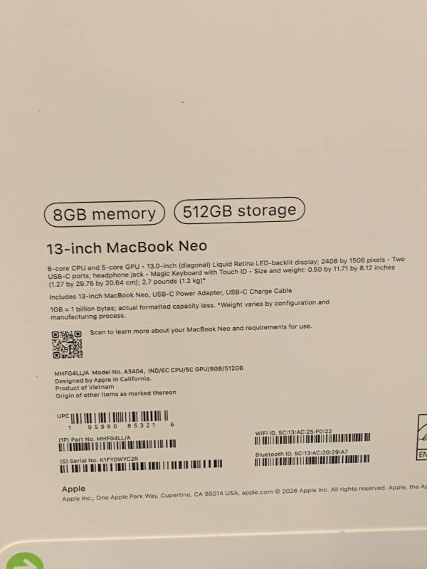 Photo 1 of Apple 2026 MacBook Neo 13-inch Laptop with A18 Pro chip: Built for AI and Apple Intelligence, Liquid Retina Display, 8GB Unified Memory, 512GB SSD Storage, 1080p FaceTime HD Camera, Touch ID; Indigo