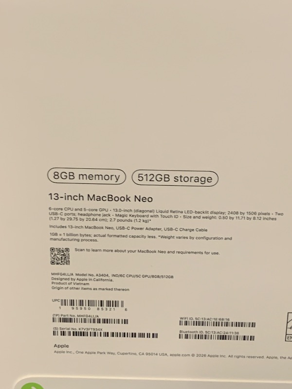 Photo 1 of Apple 2026 MacBook Neo 13-inch Laptop with A18 Pro chip: Built for AI and Apple Intelligence, Liquid Retina Display, 8GB Unified Memory, 512GB SSD Storage, 1080p FaceTime HD Camera, Touch ID; Indigo