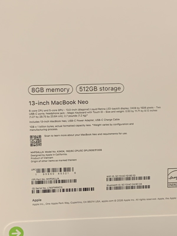 Photo 1 of Apple 2026 MacBook Neo 13-inch Laptop with A18 Pro chip: Built for AI and Apple Intelligence, Liquid Retina Display, 8GB Unified Memory, 512GB SSD Storage, 1080p FaceTime HD Camera, Touch ID; Indigo