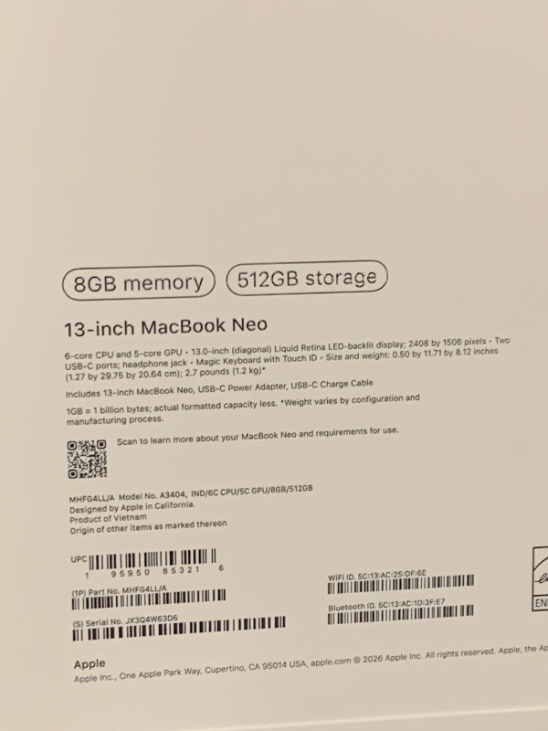 Photo 1 of Apple 2026 MacBook Neo 13-inch Laptop with A18 Pro chip: Built for AI and Apple Intelligence, Liquid Retina Display, 8GB Unified Memory, 512GB SSD Storage, 1080p FaceTime HD Camera, Touch ID; Indigo