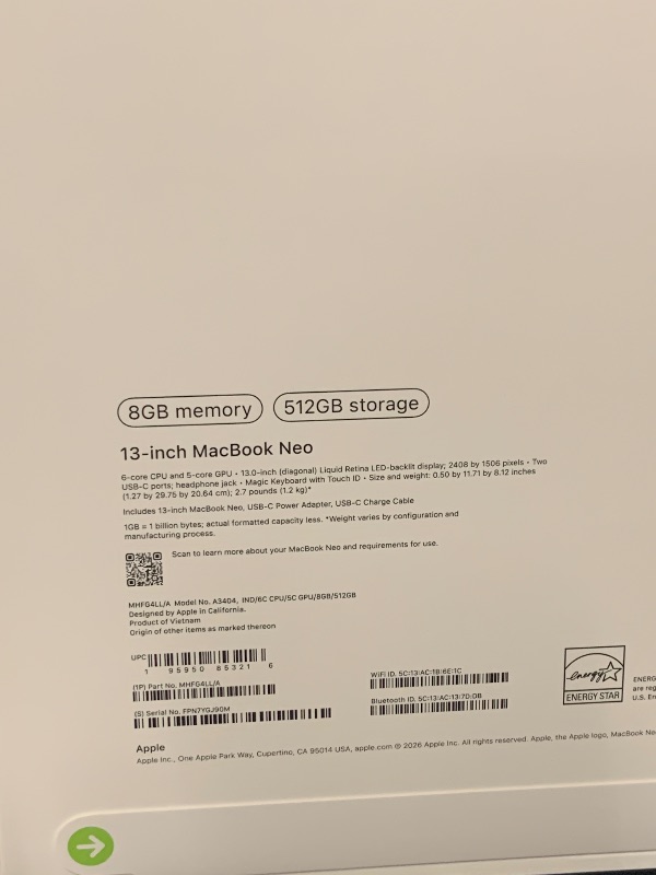 Photo 1 of Apple 2026 MacBook Neo 13-inch Laptop with A18 Pro chip: Built for AI and Apple Intelligence, Liquid Retina Display, 8GB Unified Memory, 512GB SSD Storage, 1080p FaceTime HD Camera, Touch ID; Indigo