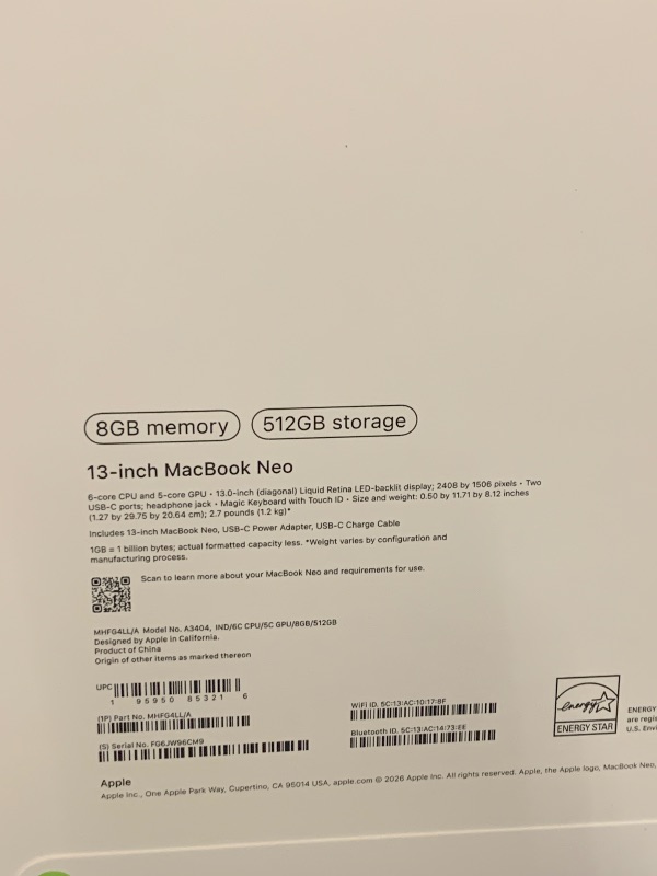 Photo 1 of Apple 2026 MacBook Neo 13-inch Laptop with A18 Pro chip: Built for AI and Apple Intelligence, Liquid Retina Display, 8GB Unified Memory, 512GB SSD Storage, 1080p FaceTime HD Camera, Touch ID; Indigo