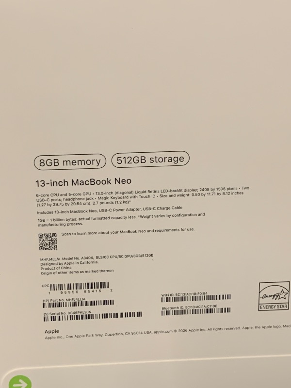 Photo 1 of Apple 2026 MacBook Neo 13-inch Laptop with A18 Pro chip: Built for AI and Apple Intelligence, Liquid Retina Display, 8GB Unified Memory, 512GB SSD Storage, 1080p FaceTime HD Camera, Touch ID; Blush