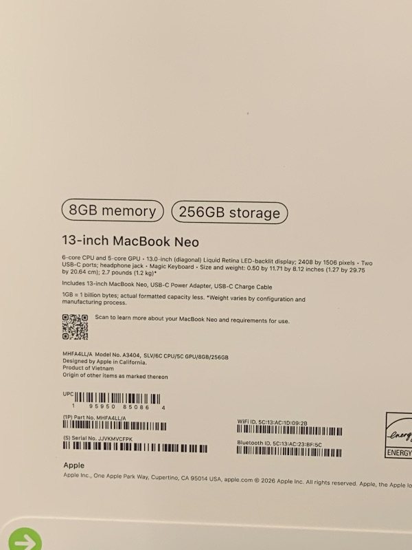 Photo 1 of Apple 2026 MacBook Neo 13-inch Laptop with A18 Pro chip: Built for AI and Apple Intelligence, Liquid Retina Display, 8GB Unified Memory, 256GB SSD Storage, 1080p FaceTime HD Camera; Silver