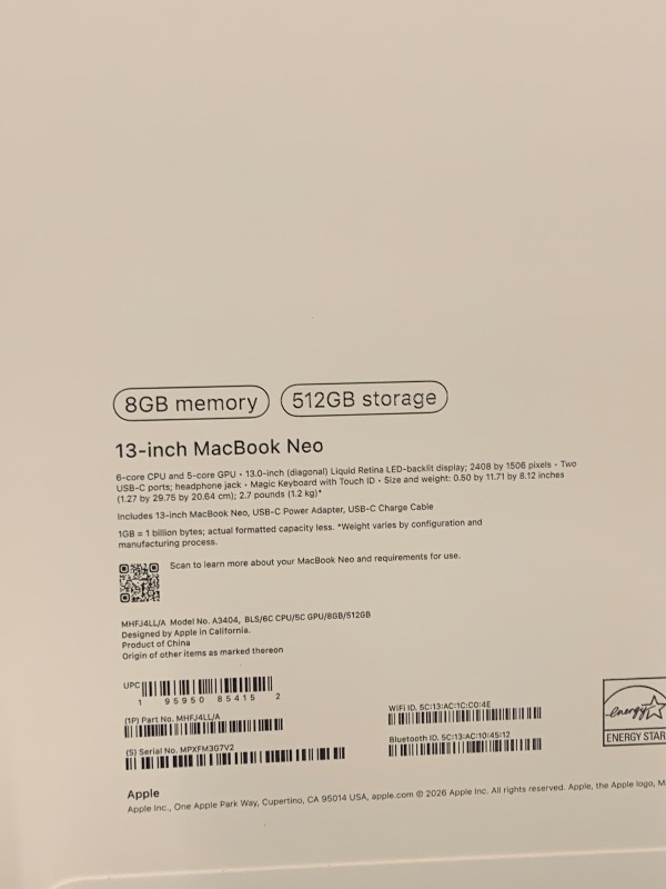 Photo 1 of Apple 2026 MacBook Neo 13-inch Laptop with A18 Pro chip: Built for AI and Apple Intelligence, Liquid Retina Display, 8GB Unified Memory, 512GB SSD Storage, 1080p FaceTime HD Camera, Touch ID; Blush