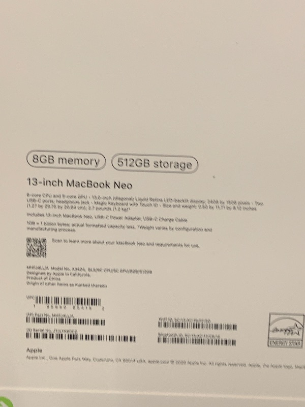 Photo 1 of Apple 2026 MacBook Neo 13-inch Laptop with A18 Pro chip: Built for AI and Apple Intelligence, Liquid Retina Display, 8GB Unified Memory, 512GB SSD Storage, 1080p FaceTime HD Camera, Touch ID; Blush