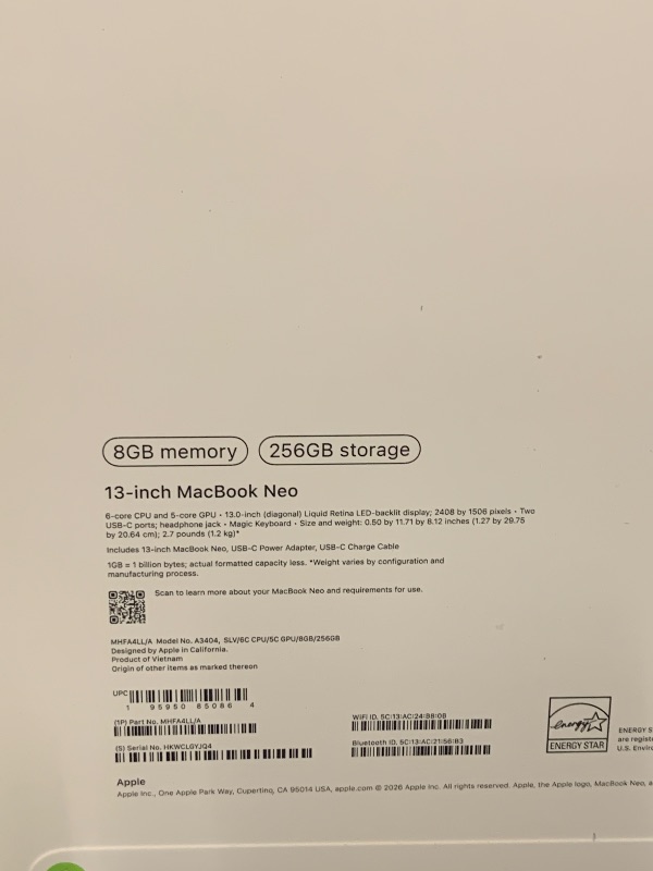 Photo 1 of Apple 2026 MacBook Neo 13-inch Laptop with A18 Pro chip: Built for AI and Apple Intelligence, Liquid Retina Display, 8GB Unified Memory, 256GB SSD Storage, 1080p FaceTime HD Camera; Silver