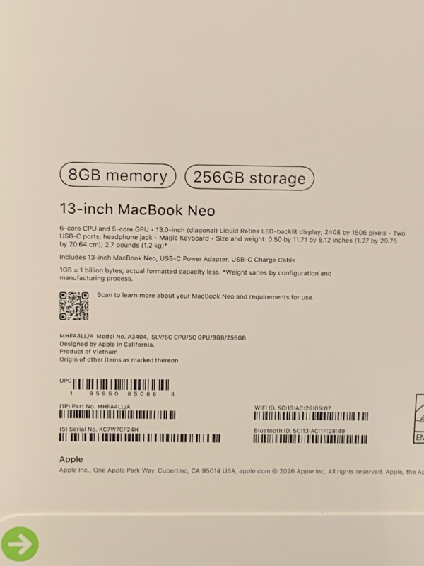 Photo 1 of Apple 2026 MacBook Neo 13-inch Laptop with A18 Pro chip: Built for AI and Apple Intelligence, Liquid Retina Display, 8GB Unified Memory, 256GB SSD Storage, 1080p FaceTime HD Camera; Silver