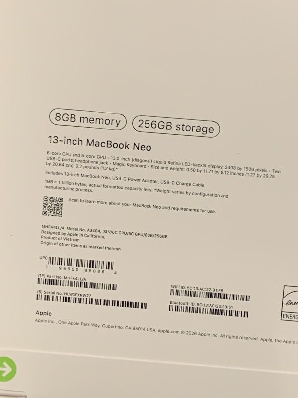 Photo 1 of Apple 2026 MacBook Neo 13-inch Laptop with A18 Pro chip: Built for AI and Apple Intelligence, Liquid Retina Display, 8GB Unified Memory, 256GB SSD Storage, 1080p FaceTime HD Camera; Silver