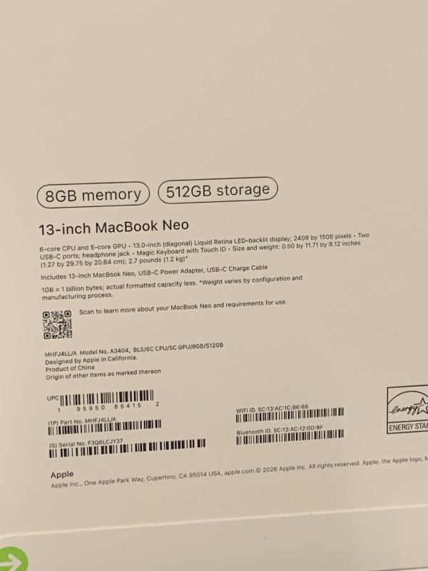 Photo 1 of Apple 2026 MacBook Neo 13-inch Laptop with A18 Pro chip: Built for AI and Apple Intelligence, Liquid Retina Display, 8GB Unified Memory, 512GB SSD Storage, 1080p FaceTime HD Camera, Touch ID; Blush