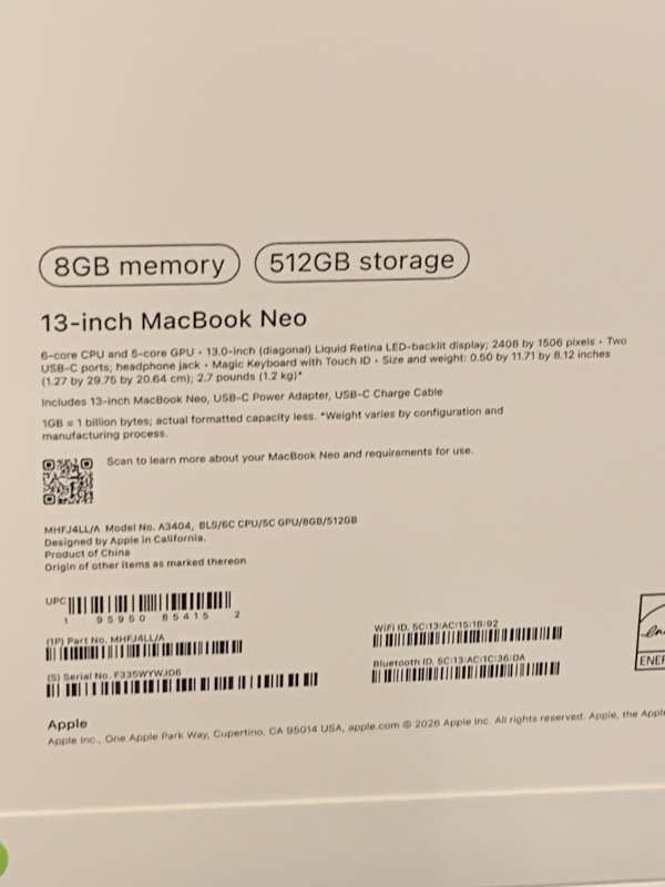Photo 1 of Apple 2026 MacBook Neo 13-inch Laptop with A18 Pro chip: Built for AI and Apple Intelligence, Liquid Retina Display, 8GB Unified Memory, 512GB SSD Storage, 1080p FaceTime HD Camera, Touch ID; Blush