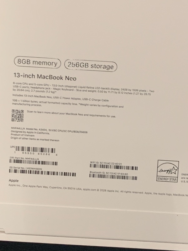 Photo 1 of Apple 2026 MacBook Neo 13-inch Laptop with A18 Pro chip: Built for AI and Apple Intelligence, Liquid Retina Display, 8GB Unified Memory, 256GB SSD Storage, 1080p FaceTime HD Camera; Silver