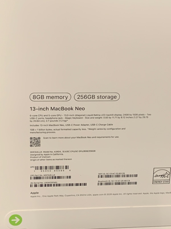 Photo 1 of Apple 2026 MacBook Neo 13-inch Laptop with A18 Pro chip: Built for AI and Apple Intelligence, Liquid Retina Display, 8GB Unified Memory, 256GB SSD Storage, 1080p FaceTime HD Camera; Silver