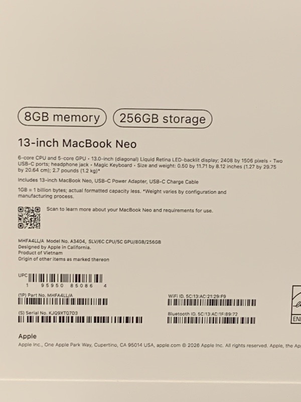 Photo 1 of Apple 2026 MacBook Neo 13-inch Laptop with A18 Pro chip: Built for AI and Apple Intelligence, Liquid Retina Display, 8GB Unified Memory, 256GB SSD Storage, 1080p FaceTime HD Camera; Silver