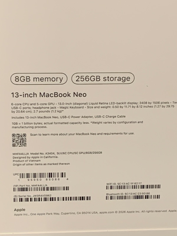 Photo 1 of Apple 2026 MacBook Neo 13-inch Laptop with A18 Pro chip: Built for AI and Apple Intelligence, Liquid Retina Display, 8GB Unified Memory, 256GB SSD Storage, 1080p FaceTime HD Camera; Silver