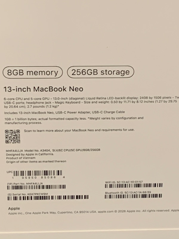Photo 1 of Apple 2026 MacBook Neo 13-inch Laptop with A18 Pro chip: Built for AI and Apple Intelligence, Liquid Retina Display, 8GB Unified Memory, 256GB SSD Storage, 1080p FaceTime HD Camera; Silver