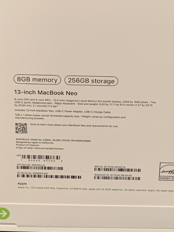Photo 1 of Apple 2026 MacBook Neo 13-inch Laptop with A18 Pro chip: Built for AI and Apple Intelligence, Liquid Retina Display, 8GB Unified Memory, 256GB SSD Storage, 1080p FaceTime HD Camera; Silver