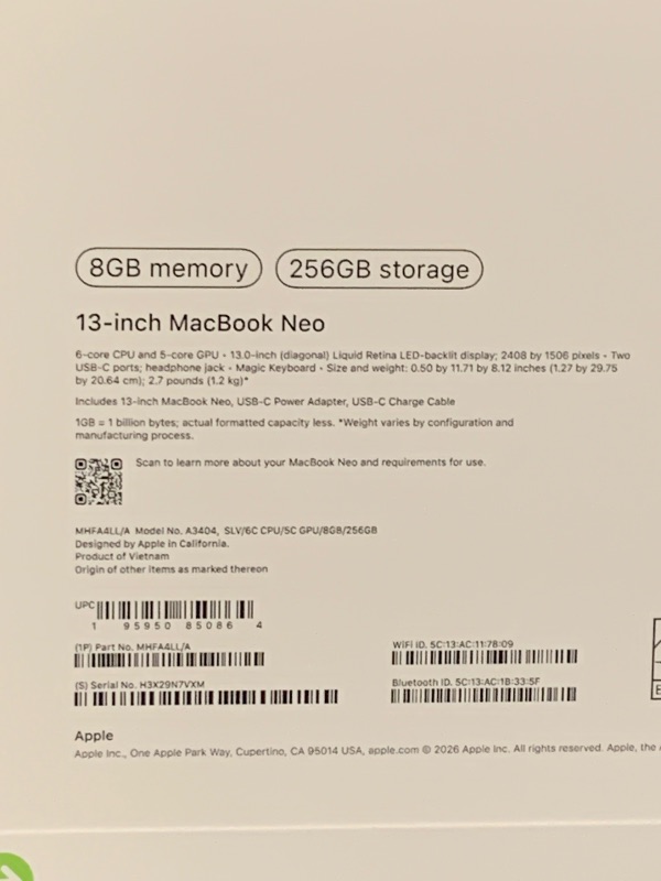 Photo 1 of Apple 2026 MacBook Neo 13-inch Laptop with A18 Pro chip: Built for AI and Apple Intelligence, Liquid Retina Display, 8GB Unified Memory, 256GB SSD Storage, 1080p FaceTime HD Camera; Silver