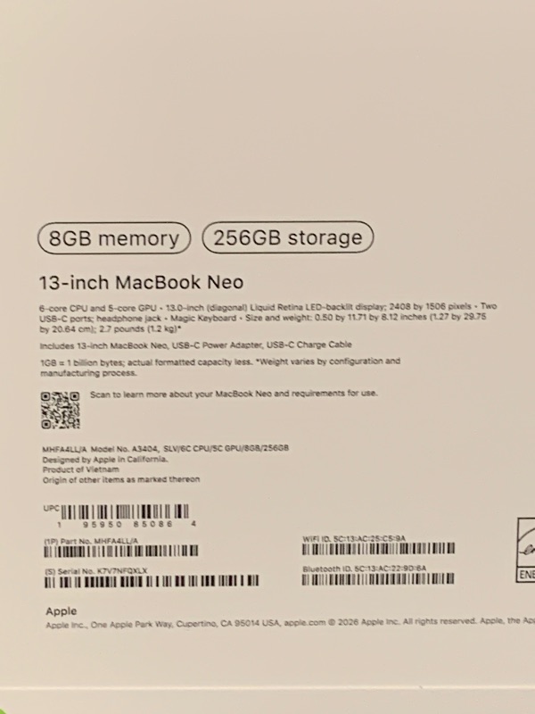 Photo 1 of Apple 2026 MacBook Neo 13-inch Laptop with A18 Pro chip: Built for AI and Apple Intelligence, Liquid Retina Display, 8GB Unified Memory, 256GB SSD Storage, 1080p FaceTime HD Camera; Silver