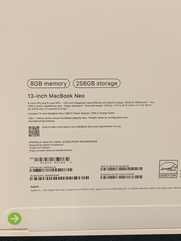 Photo 1 of Apple 2026 MacBook Neo 13-inch Laptop with A18 Pro chip: Built for AI and Apple Intelligence, Liquid Retina Display, 8GB Unified Memory, 256GB SSD Storage, 1080p FaceTime HD Camera; Silver