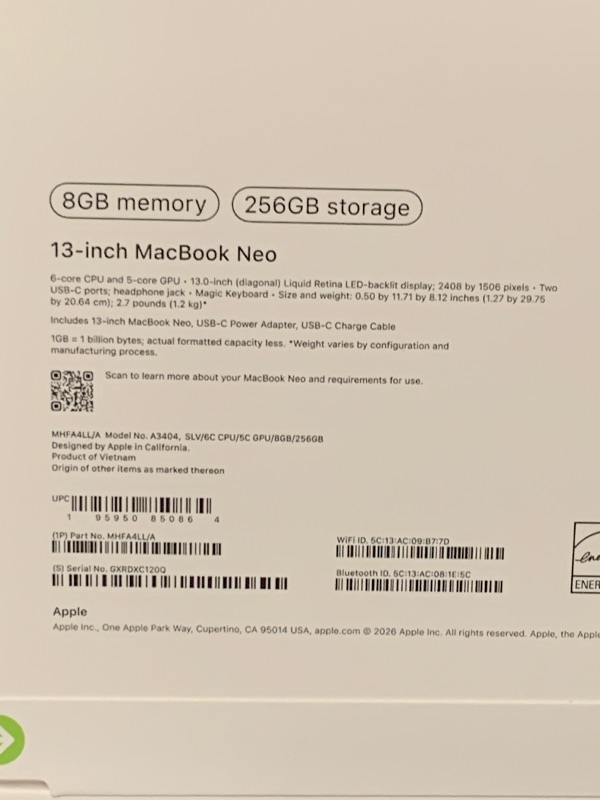 Photo 1 of Apple 2026 MacBook Neo 13-inch Laptop with A18 Pro chip: Built for AI and Apple Intelligence, Liquid Retina Display, 8GB Unified Memory, 256GB SSD Storage, 1080p FaceTime HD Camera; Silver