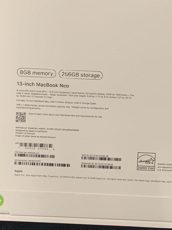 Photo 1 of Apple 2026 MacBook Neo 13-inch Laptop with A18 Pro chip: Built for AI and Apple Intelligence, Liquid Retina Display, 8GB Unified Memory, 256GB SSD Storage, 1080p FaceTime HD Camera; Silver