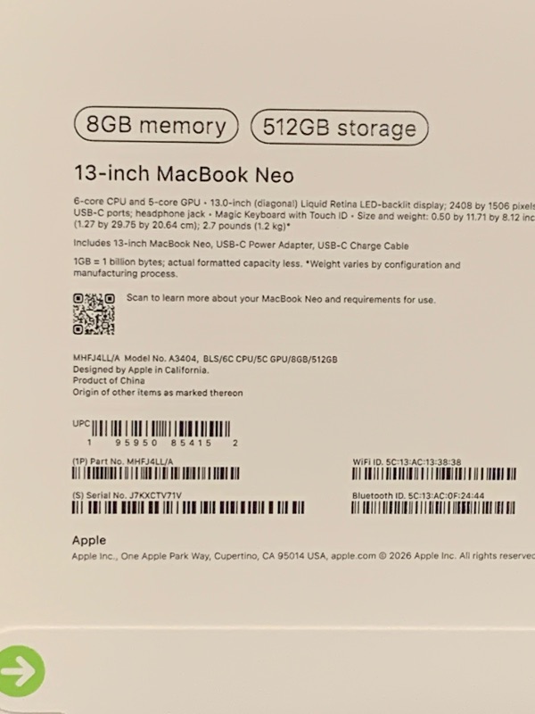 Photo 1 of Apple 2026 MacBook Neo 13-inch Laptop with A18 Pro chip: Built for AI and Apple Intelligence, Liquid Retina Display, 8GB Unified Memory, 512GB SSD Storage, 1080p FaceTime HD Camera, Touch ID; Blush