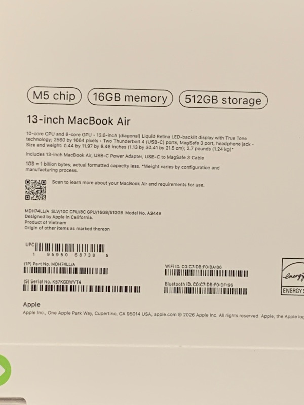 Photo 1 of Apple 2026 MacBook Air 13-inch Laptop with M5 chip: Built for AI, 13.6-inch Liquid Retina Display, 16GB Unified Memory, 512GB SSD, 12MP Center Stage Camera, Touch ID, Wi-Fi 7; Silver