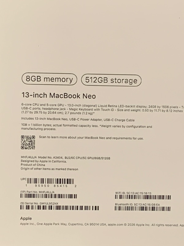 Photo 1 of Apple 2026 MacBook Neo 13-inch Laptop with A18 Pro chip: Built for AI and Apple Intelligence, Liquid Retina Display, 8GB Unified Memory, 512GB SSD Storage, 1080p FaceTime HD Camera, Touch ID; Blush