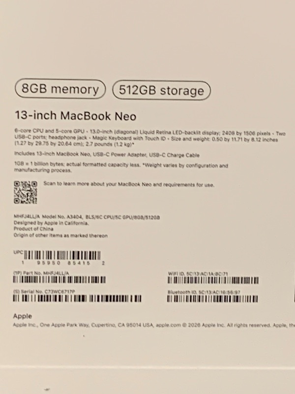 Photo 1 of Apple 2026 MacBook Neo 13-inch Laptop with A18 Pro chip: Built for AI and Apple Intelligence, Liquid Retina Display, 8GB Unified Memory, 512GB SSD Storage, 1080p FaceTime HD Camera, Touch ID; Blush